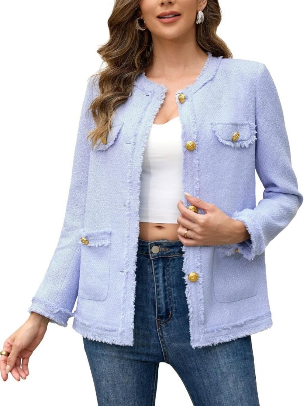 Chic Tweed Blazer Jacket with Pockets, Collarless Long Style for Women